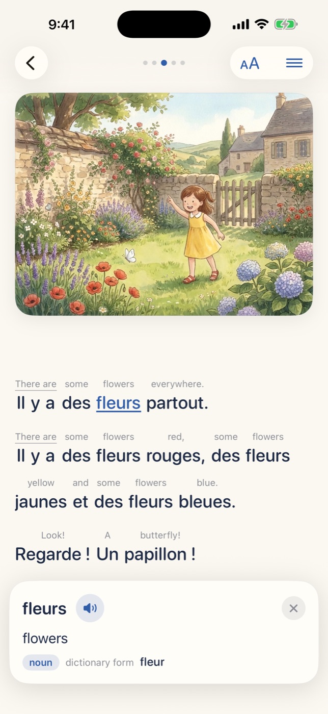An illustrated story page in the app, with a small English meaning above each French word and the word card for fleurs open.