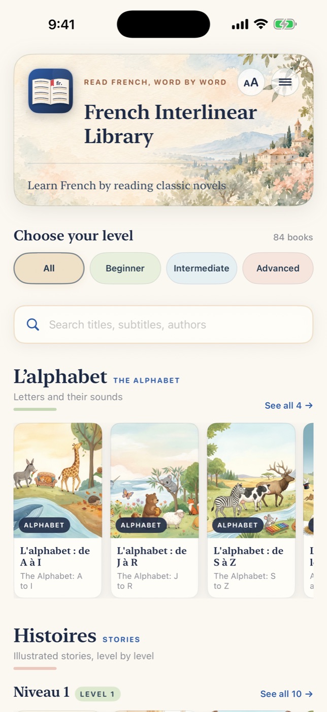 The library: level buttons, search, and shelves of alphabet books and illustrated stories.