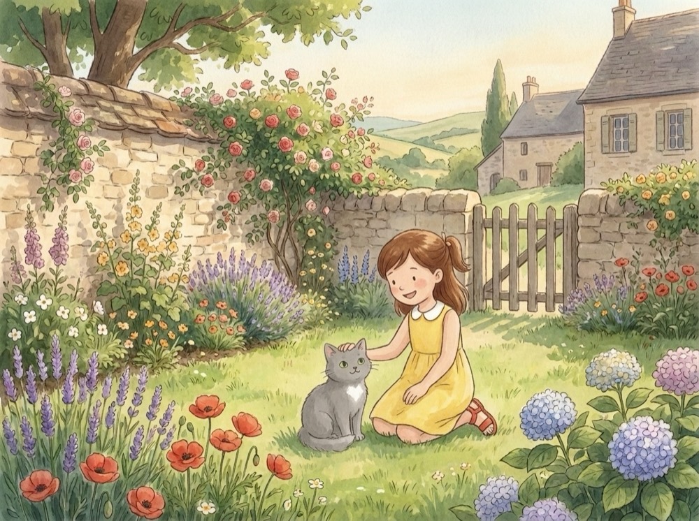 Watercolor illustration from the story Pistache et le papillon: Léa kneels in a summer garden beside her gray cat.